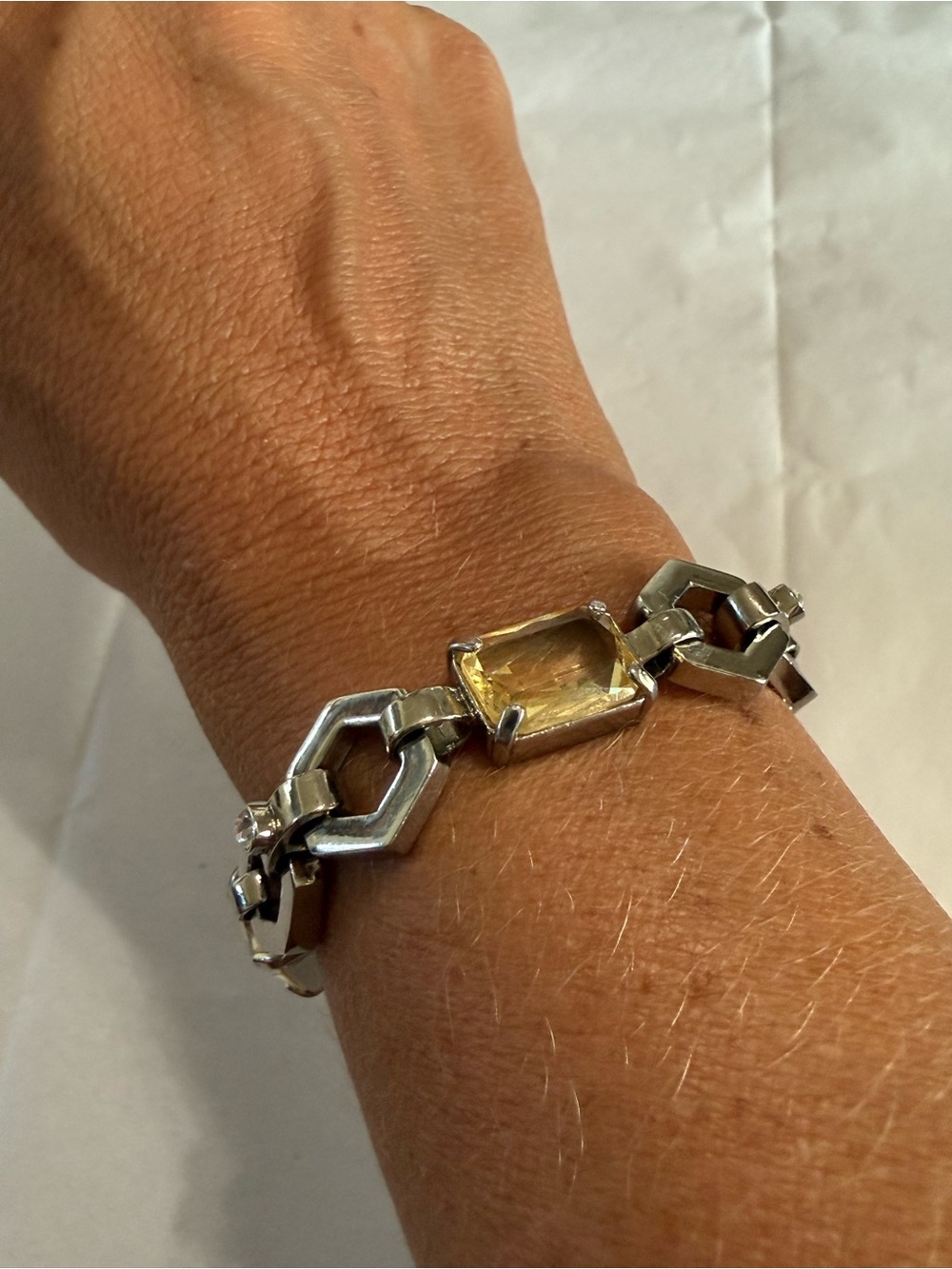 Ann Taylor Large Yellow Crystal Link Silver Tone Crystals Geometric Bracelet